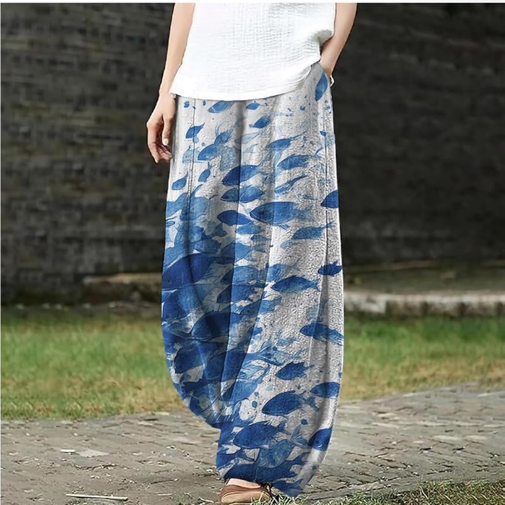 Blue Fish on White Harem Pants